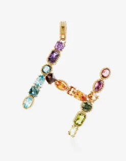 Rainbow alphabet H 18 kt yellow gold charm with multicolor fine gems