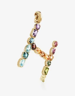 Rainbow alphabet H 18 kt yellow gold charm with multicolor fine gems