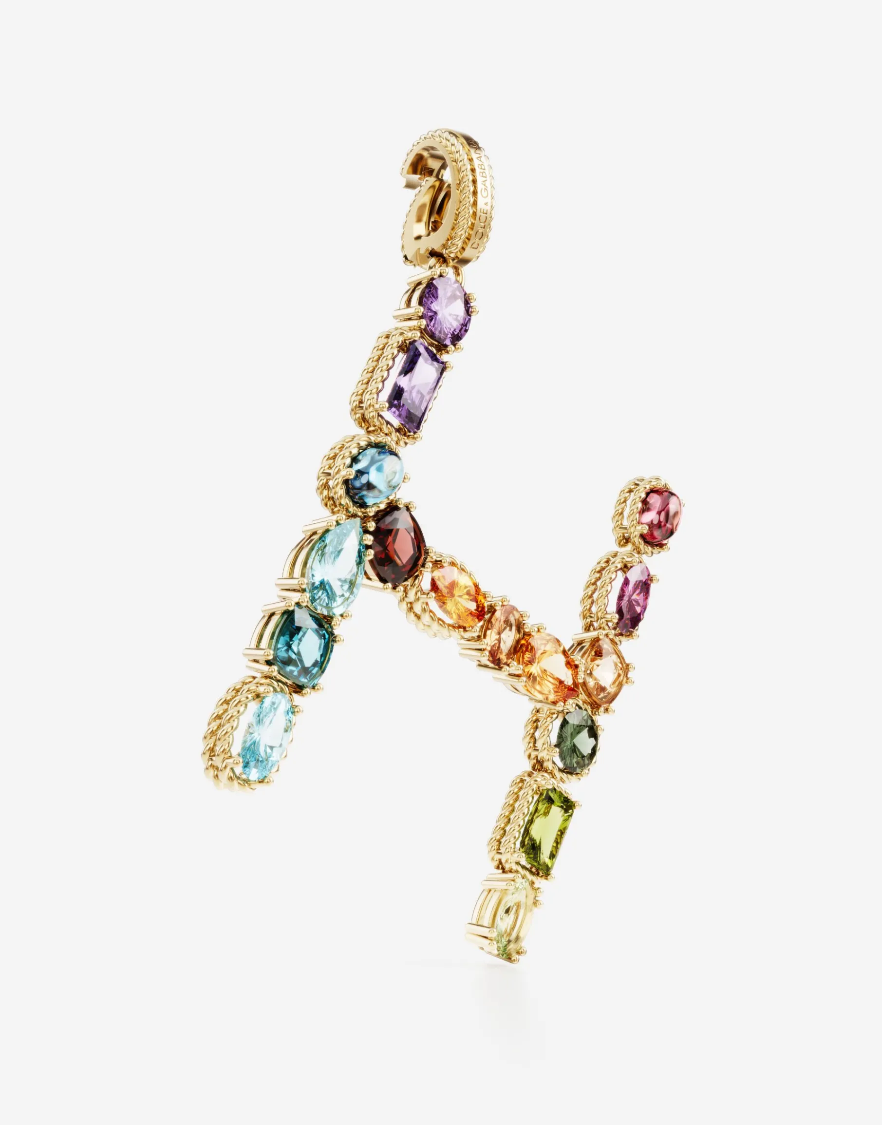 Rainbow alphabet H 18 kt yellow gold charm with multicolor fine gems