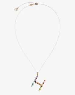 Rainbow alphabet H pendant in yellow gold with multicolor fine gems
