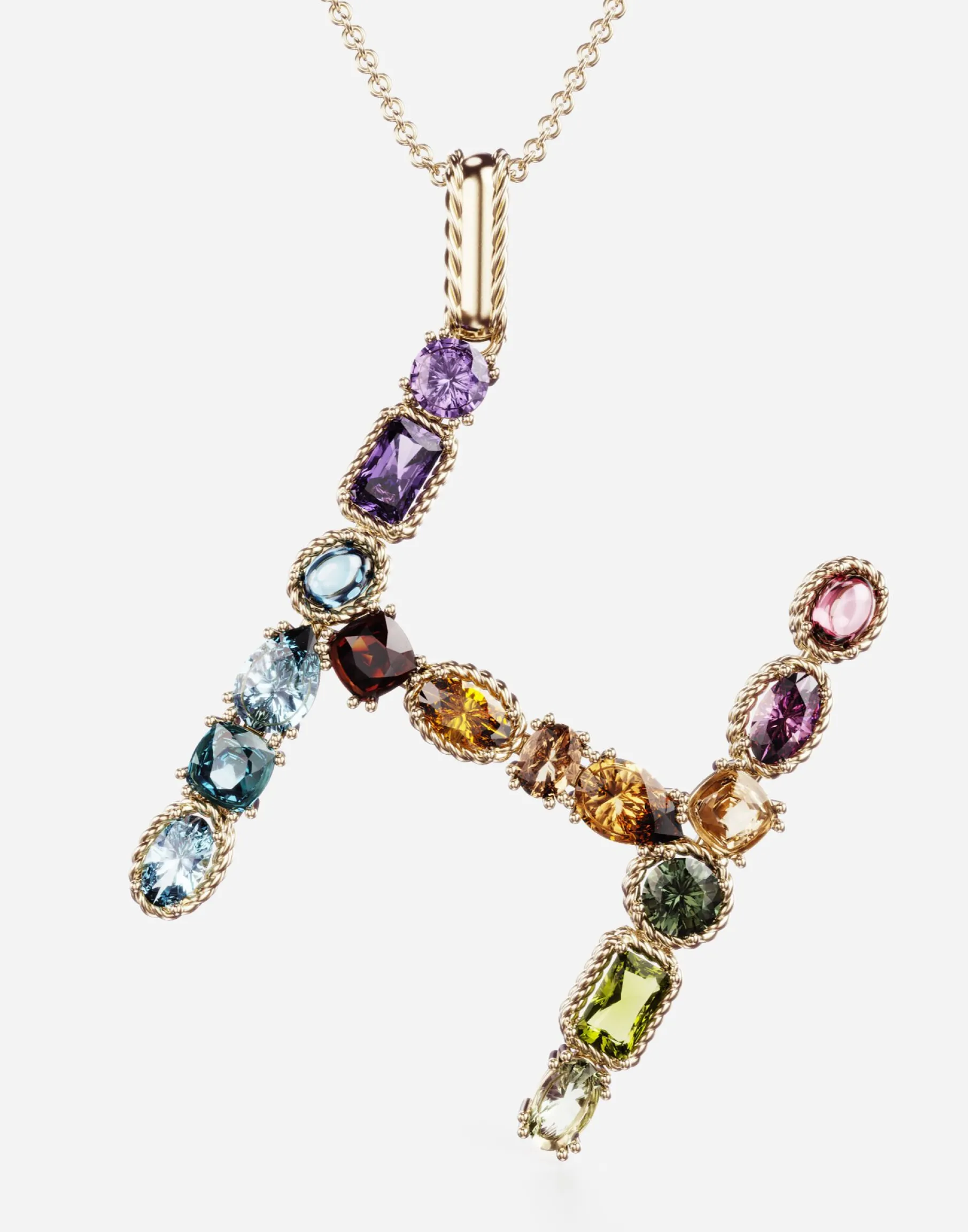 Rainbow alphabet H pendant in yellow gold with multicolor fine gems