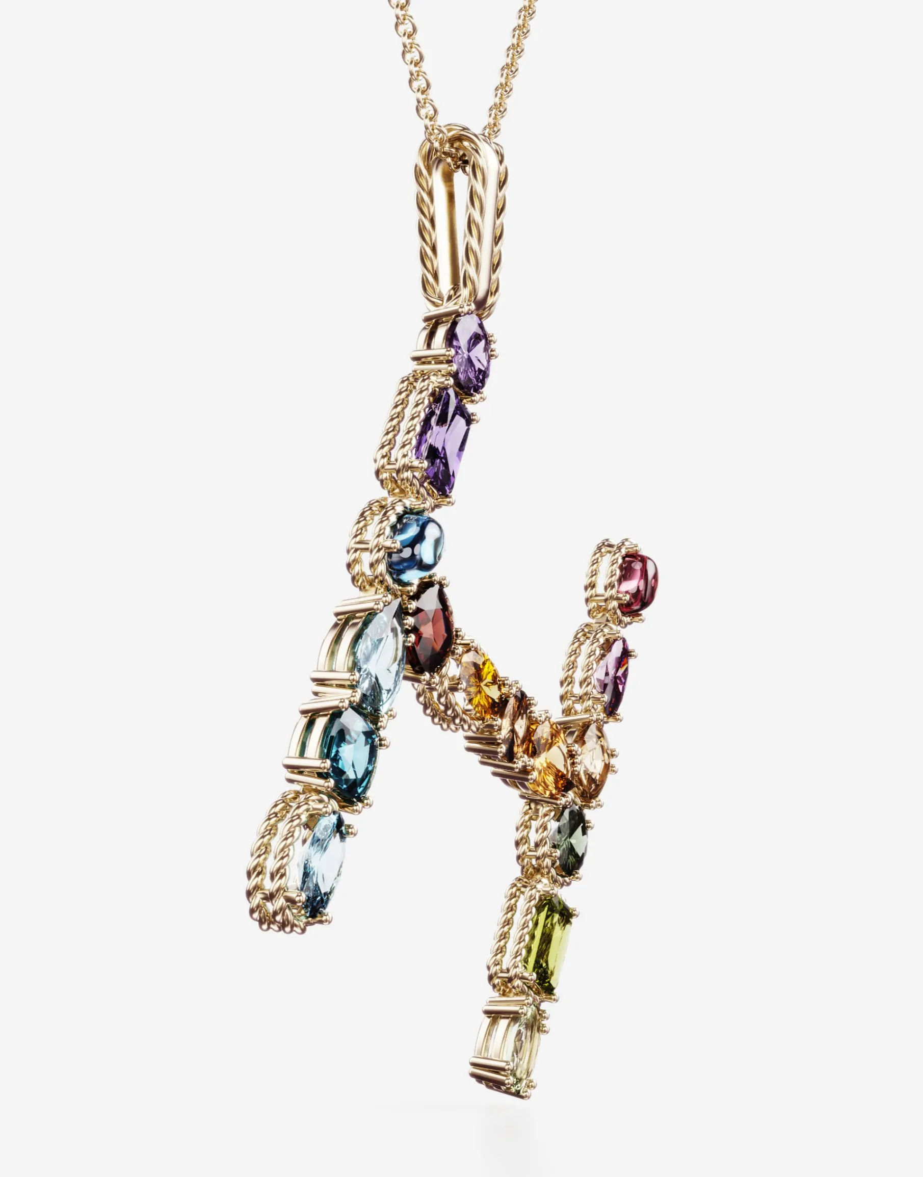 Rainbow alphabet H pendant in yellow gold with multicolor fine gems