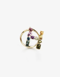 Rainbow alphabet H ring in yellow gold with multicolor fine gems