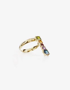 Rainbow alphabet I ring in yellow gold with multicolor fine gems