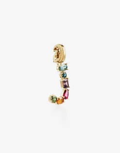 Rainbow alphabet J 18 kt yellow gold charm with multicolor fine gems