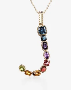 Rainbow alphabet J pendant in yellow gold with multicolor fine gems