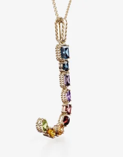 Rainbow alphabet J pendant in yellow gold with multicolor fine gems