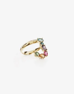 Rainbow alphabet J ring in yellow gold with multicolor fine gems