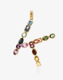 Rainbow alphabet K 18 kt yellow gold charm with multicolor fine gems