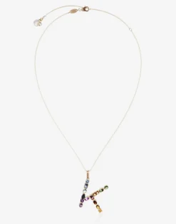 Rainbow alphabet K pendant in yellow gold with multicolor fine gems