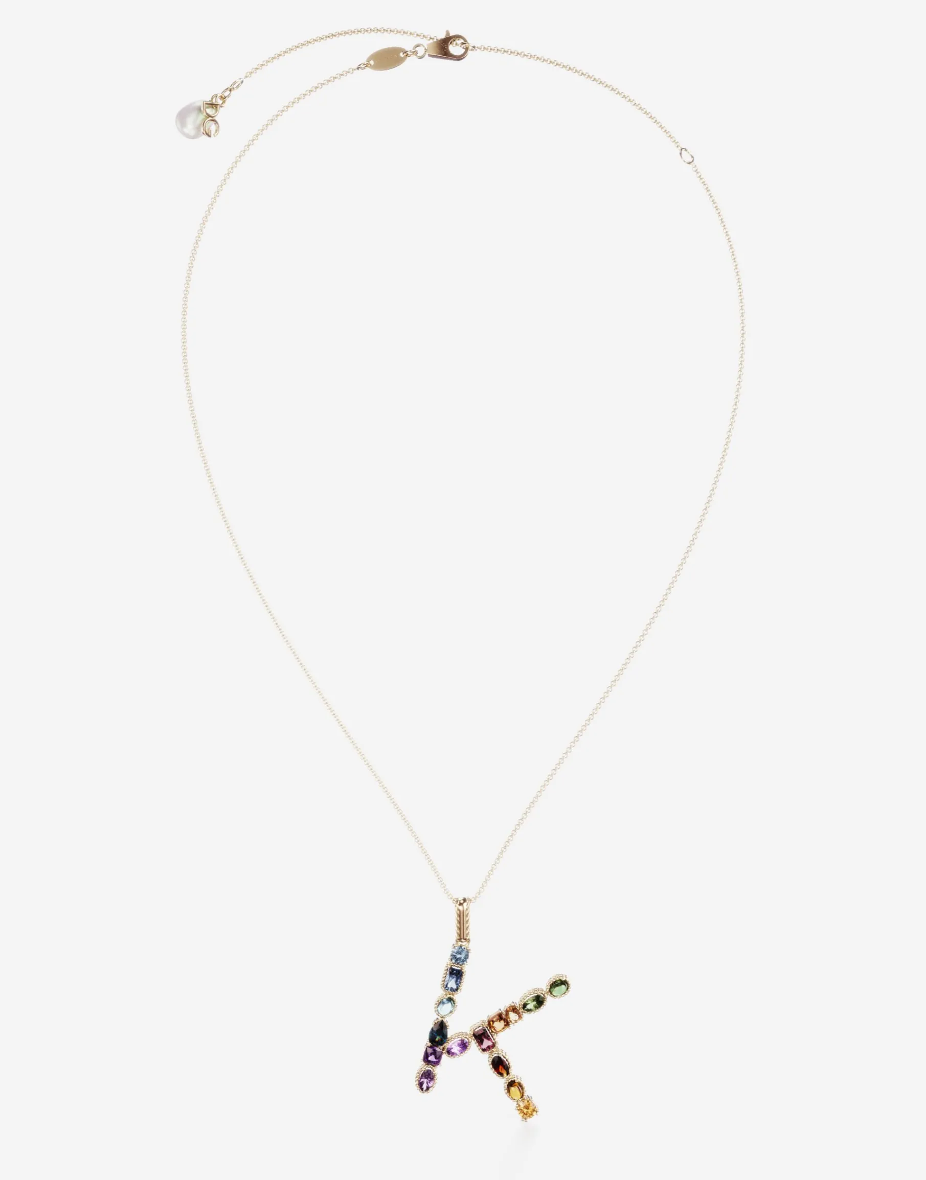 Rainbow alphabet K pendant in yellow gold with multicolor fine gems