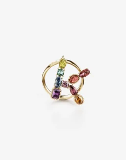 Rainbow alphabet K ring in yellow gold with multicolor fine gems