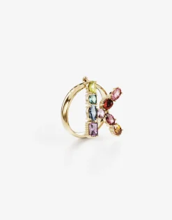 Rainbow alphabet K ring in yellow gold with multicolor fine gems