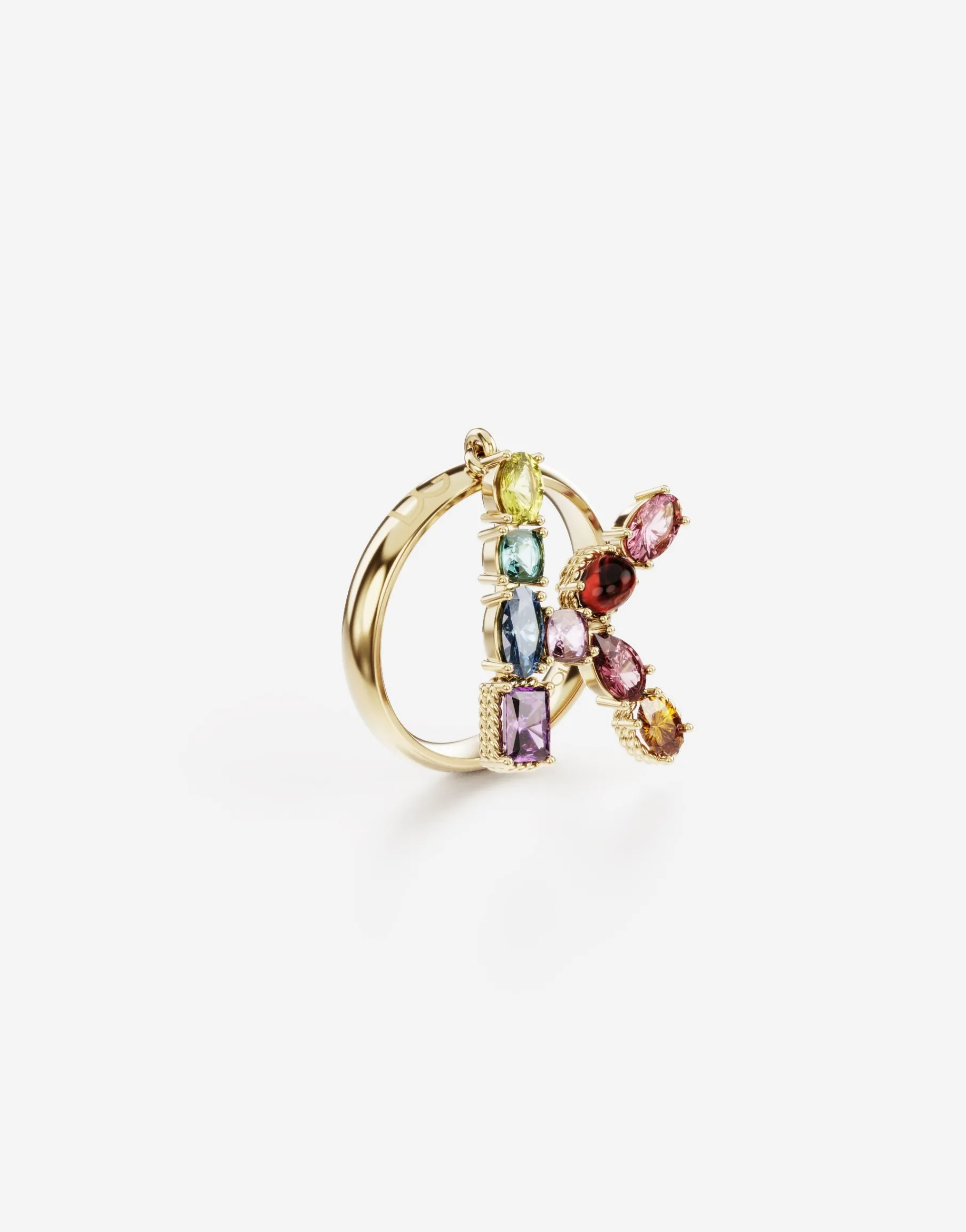 Rainbow alphabet K ring in yellow gold with multicolor fine gems