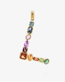 Rainbow alphabet L 18 kt yellow gold charm with multicolor fine gems