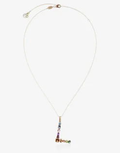 Rainbow alphabet L pendant in yellow gold with multicolor fine gems