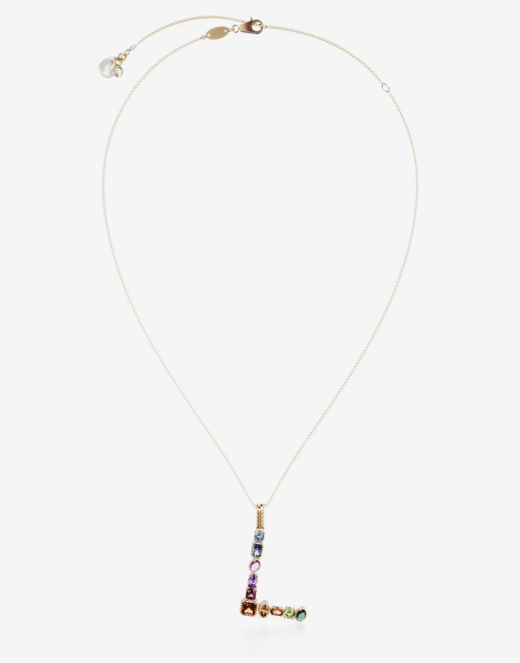 Rainbow alphabet L pendant in yellow gold with multicolor fine gems
