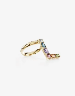Rainbow alphabet L ring in yellow gold with multicolor fine gems