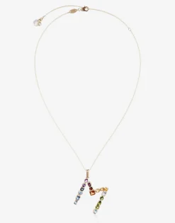 Rainbow alphabet M pendant in yellow gold with multicolor fine gems