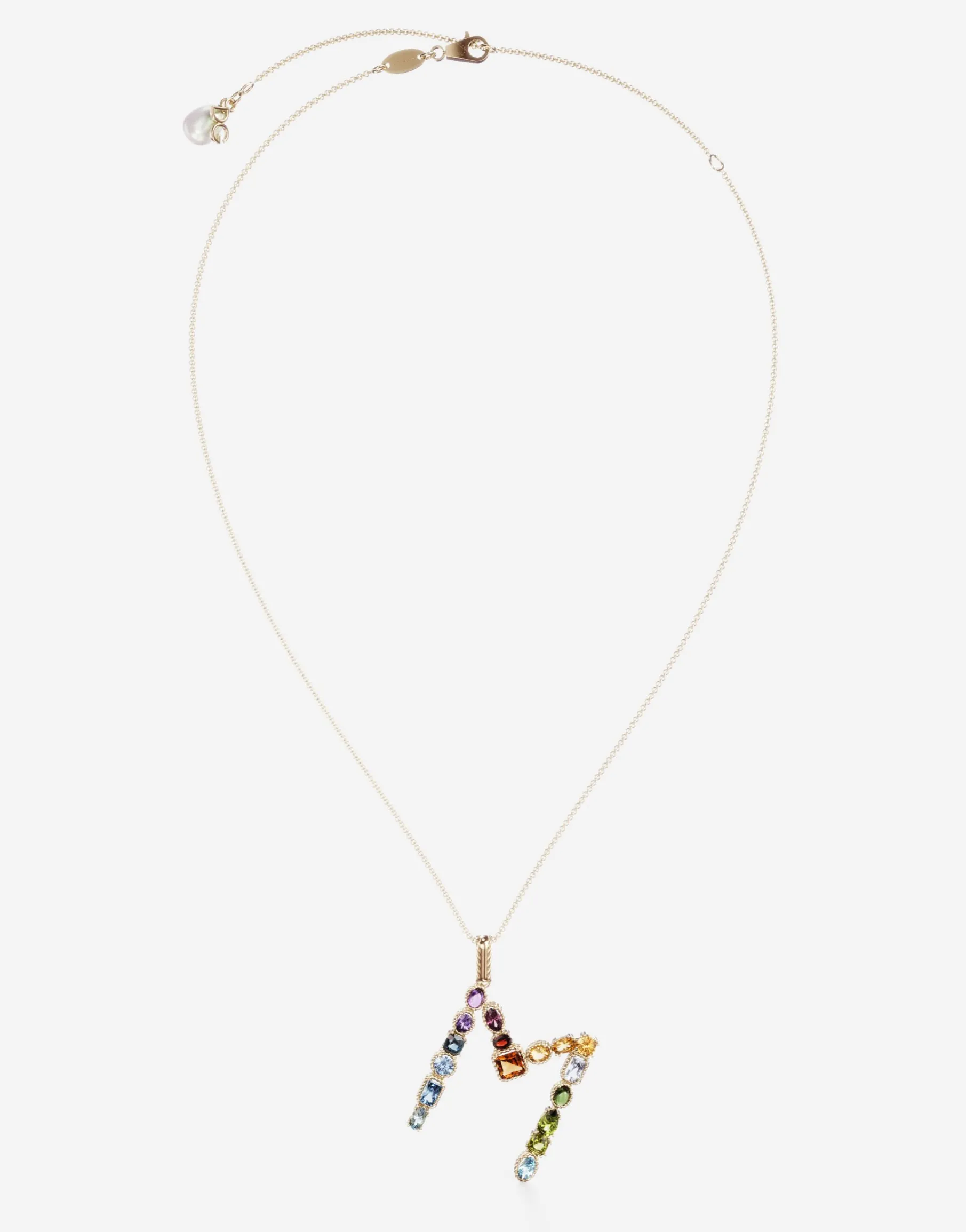 Rainbow alphabet M pendant in yellow gold with multicolor fine gems