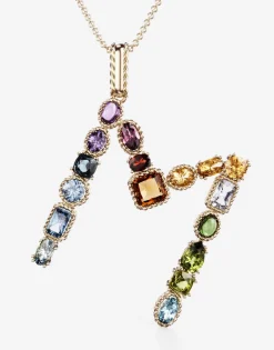 Rainbow alphabet M pendant in yellow gold with multicolor fine gems