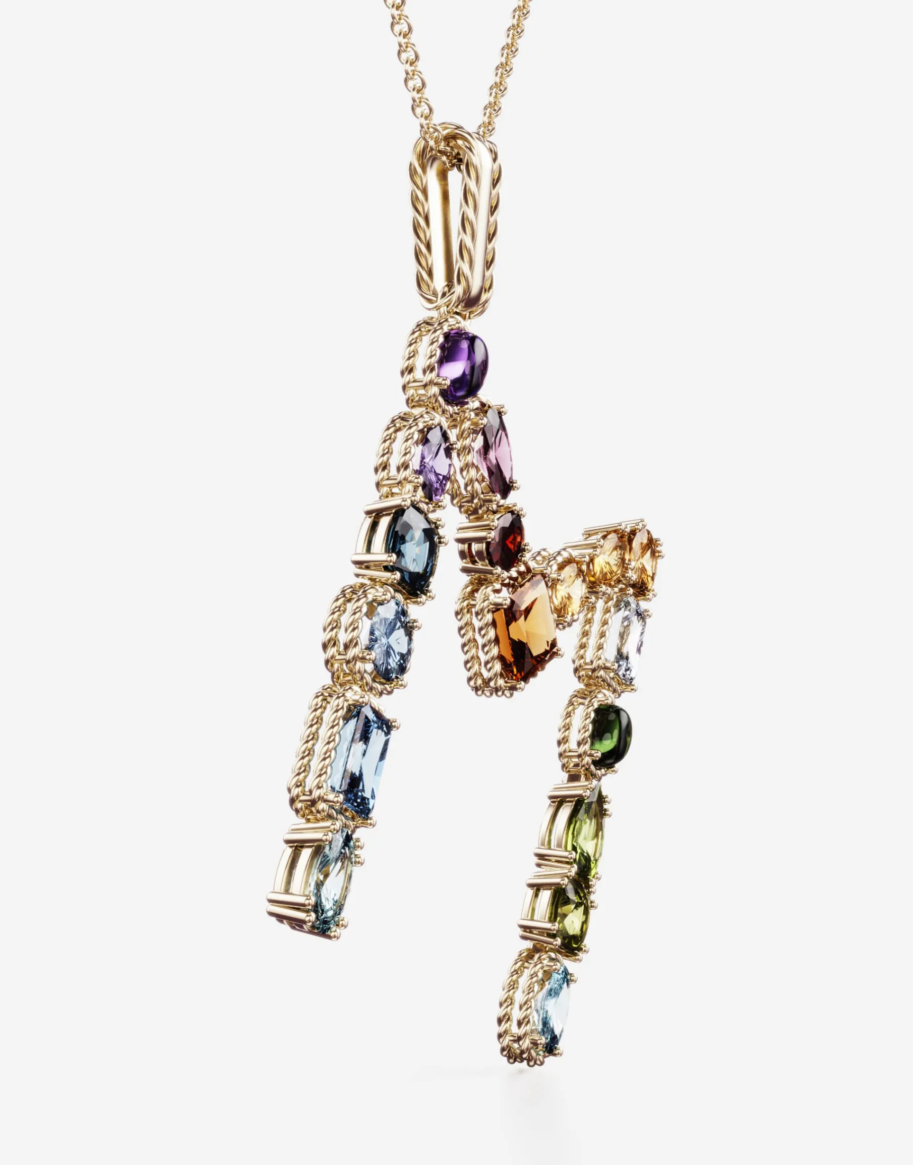 Rainbow alphabet M pendant in yellow gold with multicolor fine gems