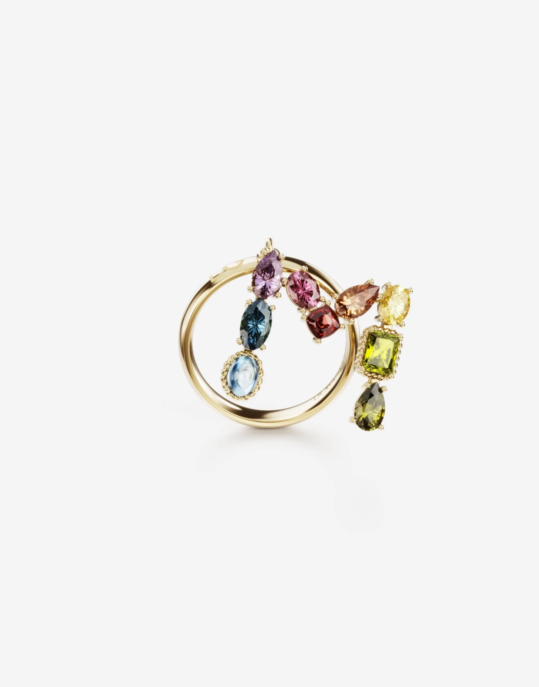 Rainbow alphabet M ring in yellow gold with multicolor fine gems