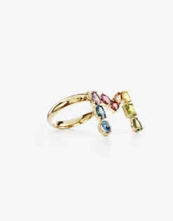 Rainbow alphabet M ring in yellow gold with multicolor fine gems
