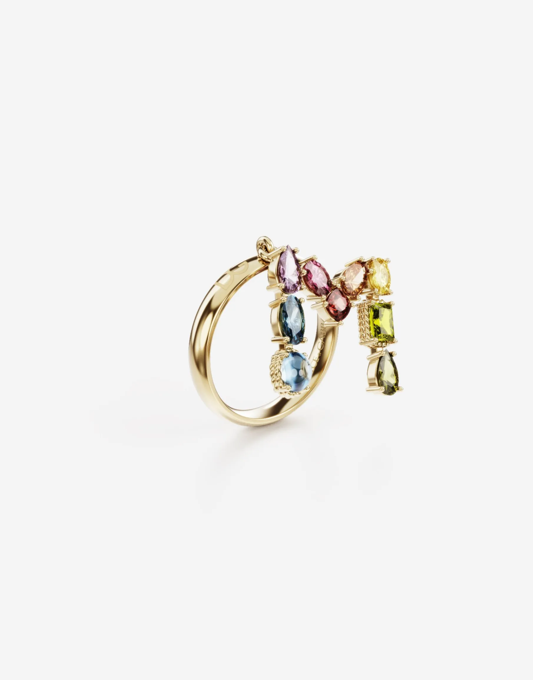 Rainbow alphabet M ring in yellow gold with multicolor fine gems