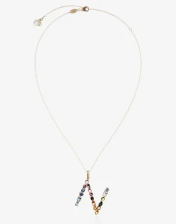 Rainbow alphabet N pendant in yellow gold with multicolor fine gems