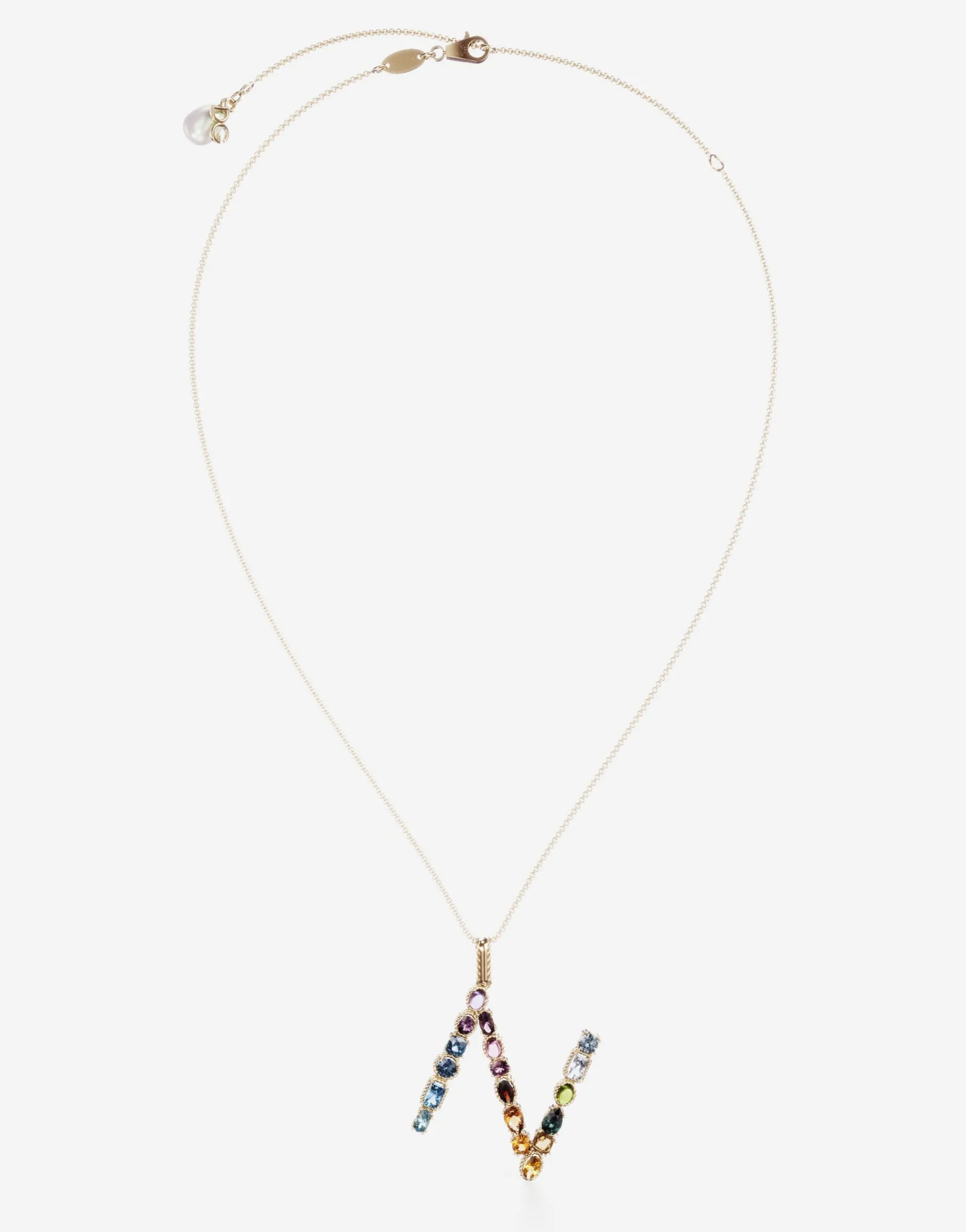 Rainbow alphabet N pendant in yellow gold with multicolor fine gems