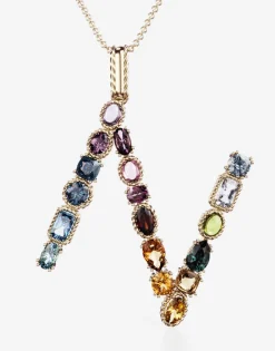 Rainbow alphabet N pendant in yellow gold with multicolor fine gems