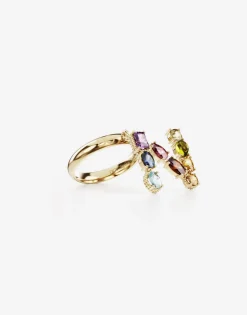 Rainbow alphabet N ring in yellow gold with multicolor fine gems