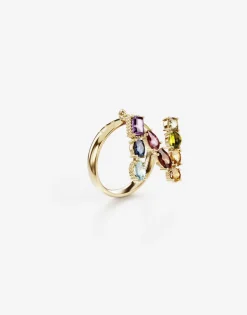 Rainbow alphabet N ring in yellow gold with multicolor fine gems