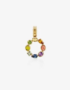 Rainbow alphabet O 18 kt yellow gold charm with multicolor fine gems