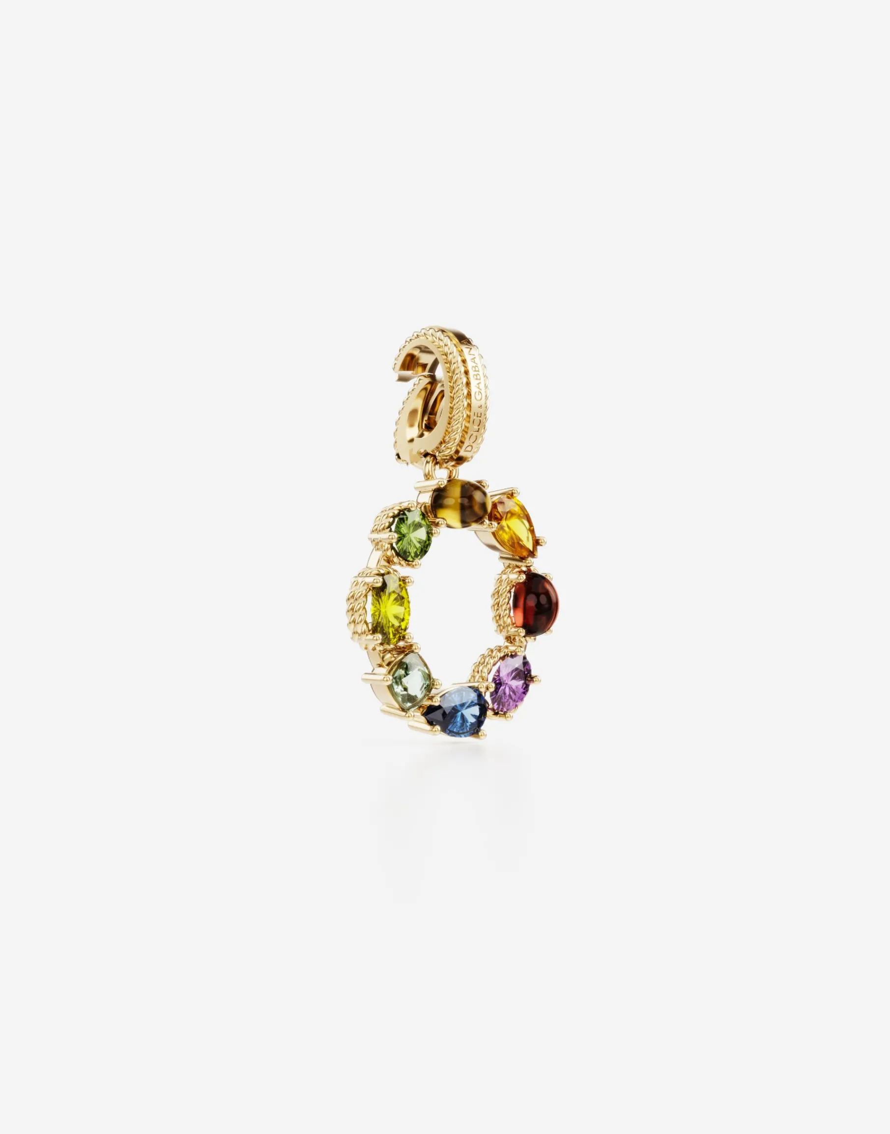 Rainbow alphabet O 18 kt yellow gold charm with multicolor fine gems