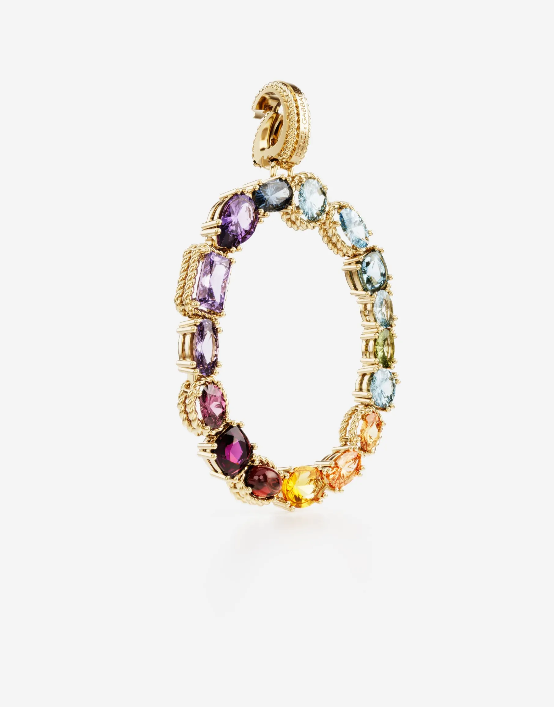 Rainbow alphabet O 18 kt yellow gold charm with multicolor fine gems