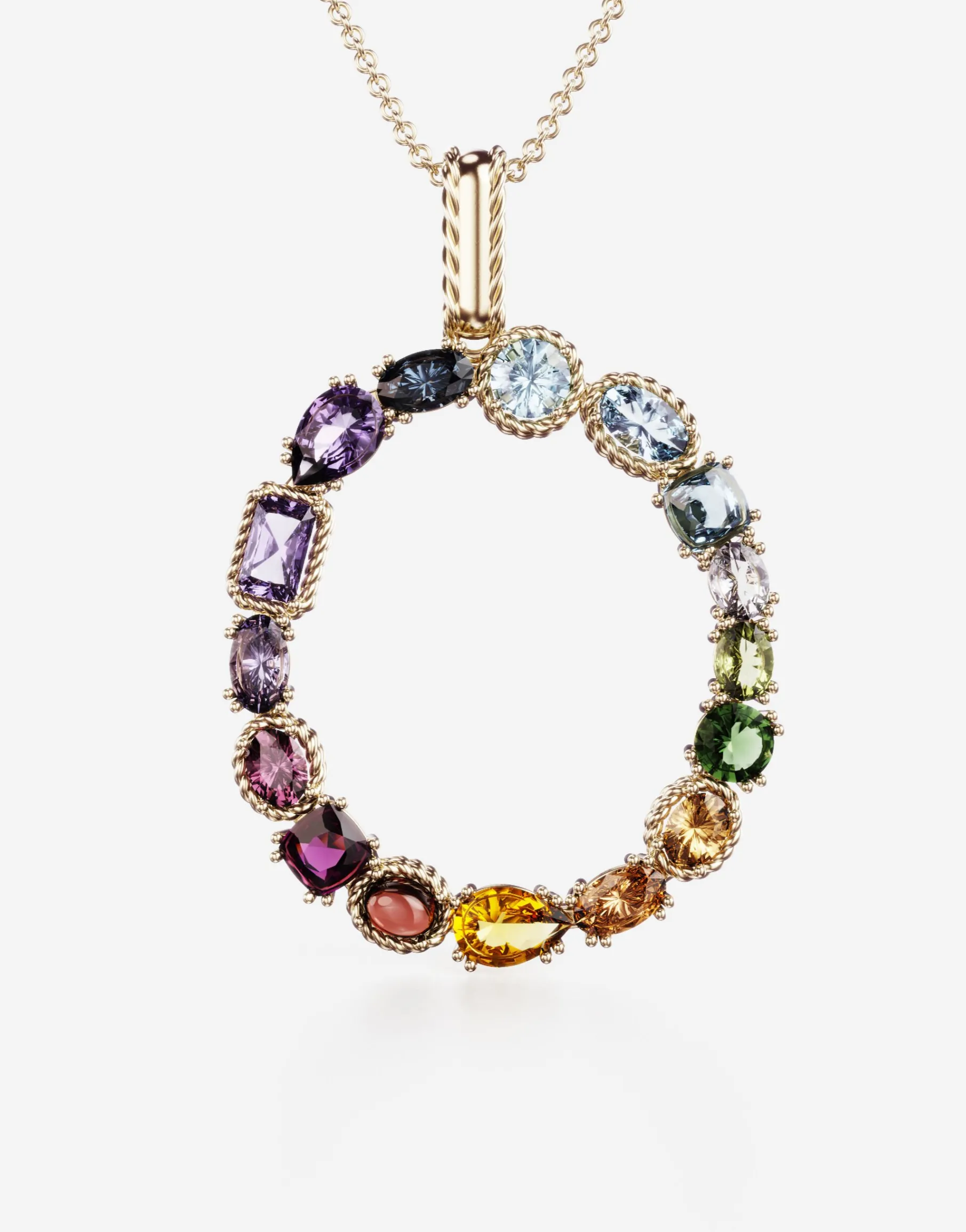 Rainbow alphabet O pendant in yellow gold with multicolor fine gems