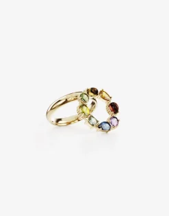 Rainbow alphabet O ring in yellow gold with multicolor fine gems