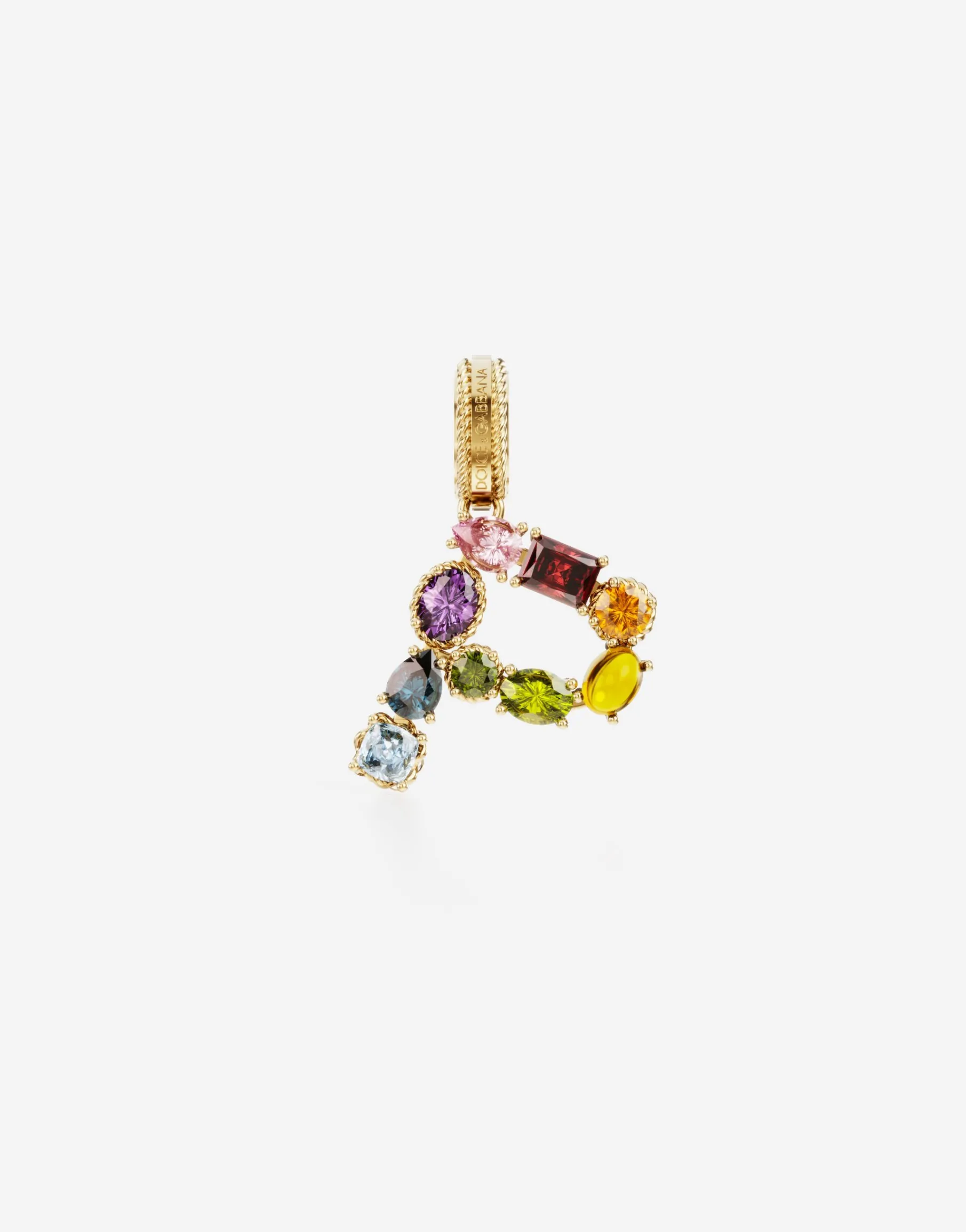 Rainbow alphabet P 18 kt yellow gold charm with multicolor fine gems