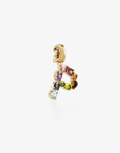 Rainbow alphabet P 18 kt yellow gold charm with multicolor fine gems