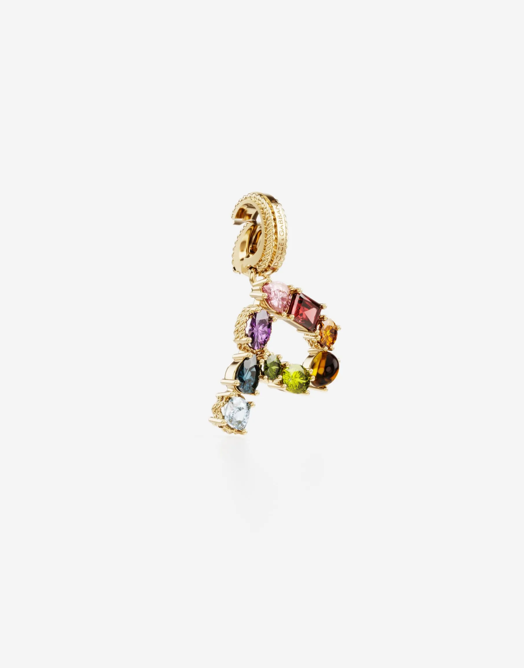 Rainbow alphabet P 18 kt yellow gold charm with multicolor fine gems