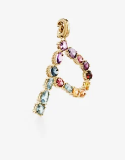 Rainbow alphabet P 18 kt yellow gold charm with multicolor fine gems