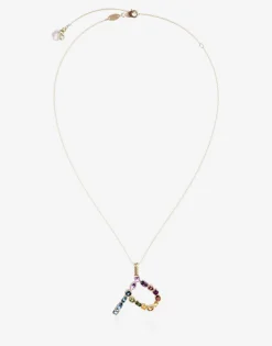 Rainbow alphabet P pendant in yellow gold with multicolor fine gems