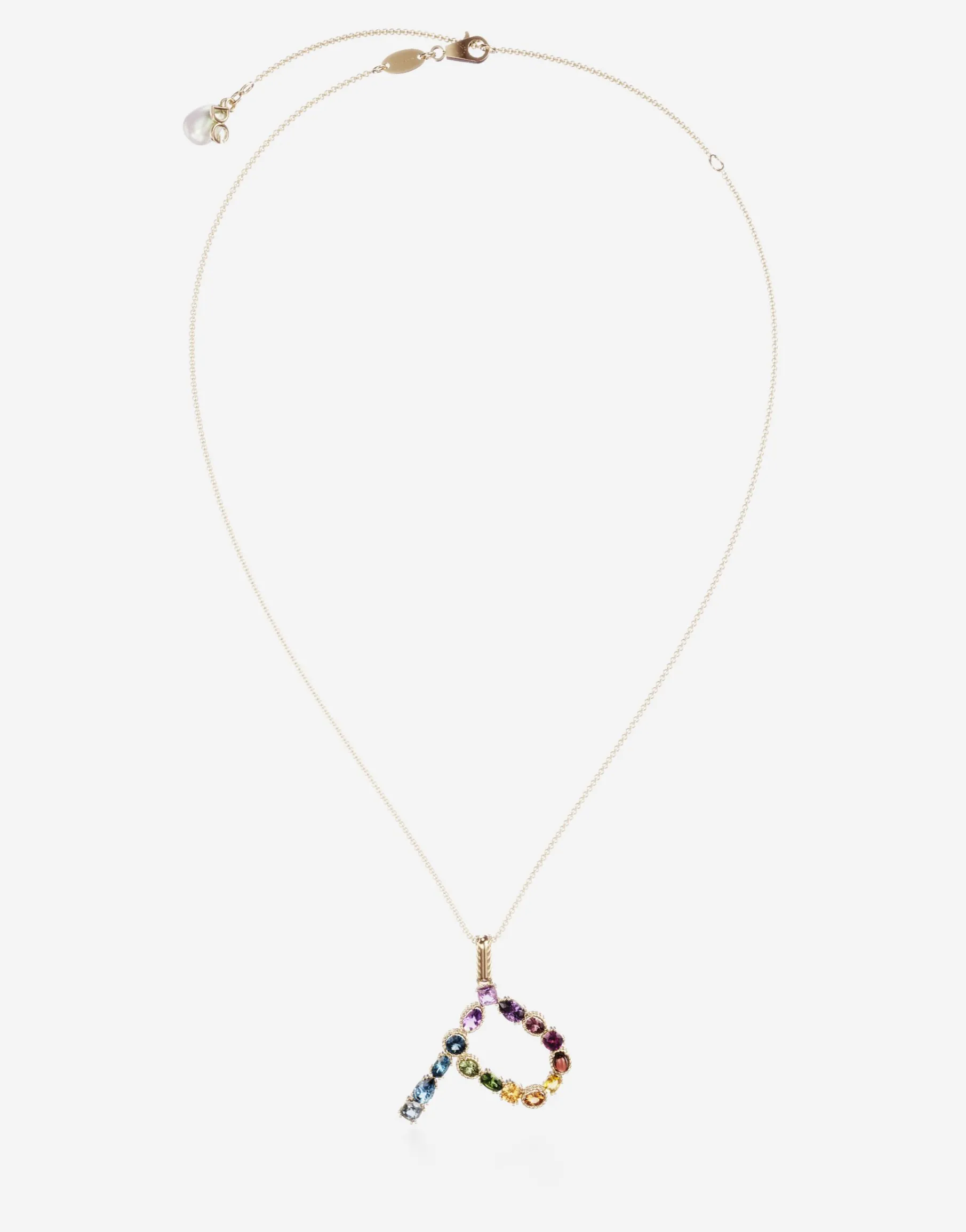Rainbow alphabet P pendant in yellow gold with multicolor fine gems