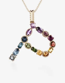 Rainbow alphabet P pendant in yellow gold with multicolor fine gems