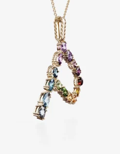 Rainbow alphabet P pendant in yellow gold with multicolor fine gems
