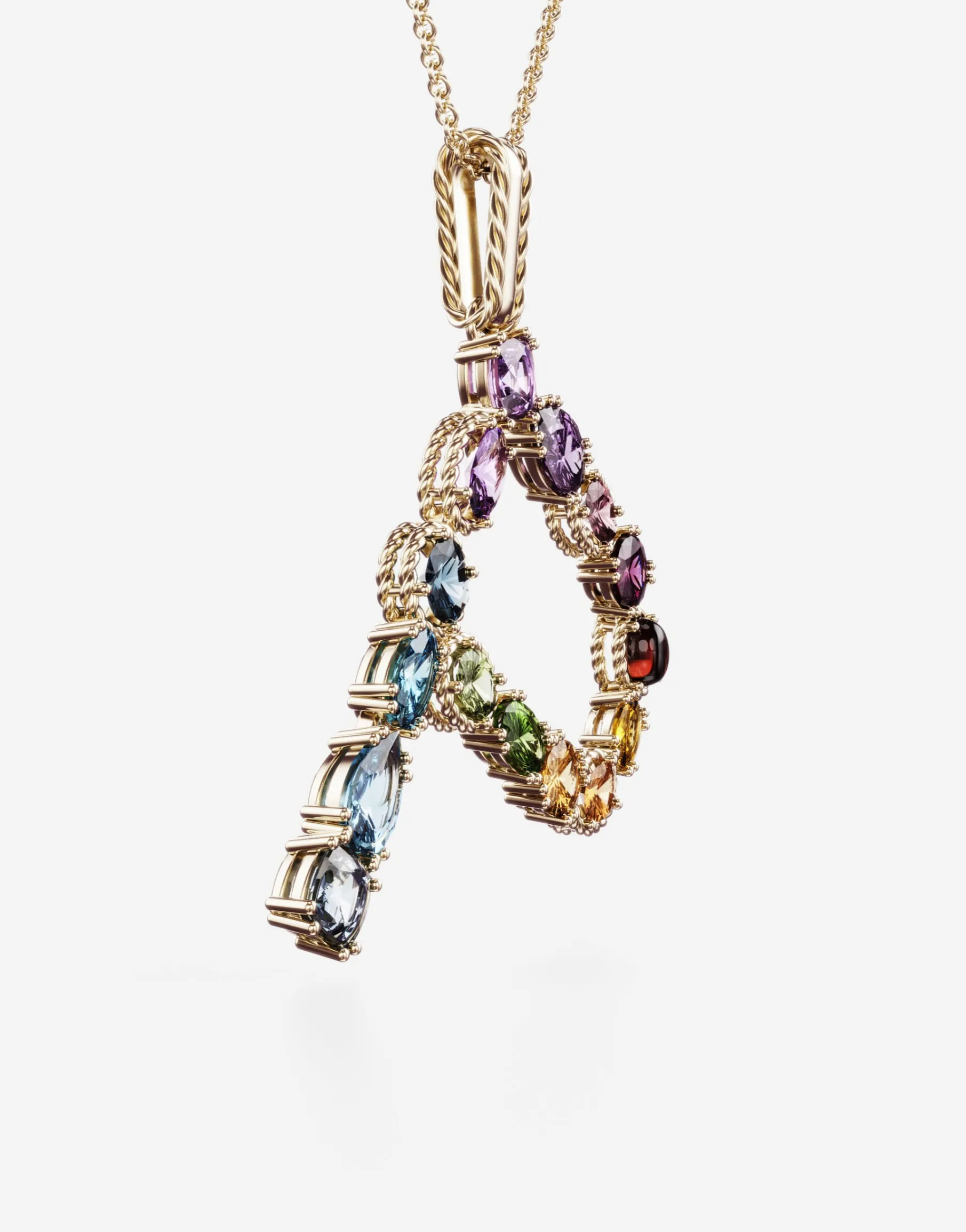 Rainbow alphabet P pendant in yellow gold with multicolor fine gems