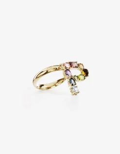 Rainbow alphabet P ring in yellow gold with multicolor fine gems