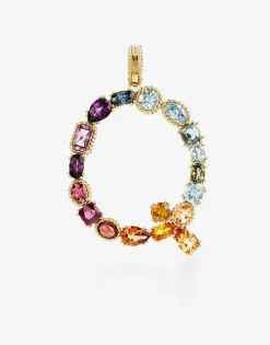 Rainbow alphabet Q 18 kt yellow gold charm with multicolor fine gems